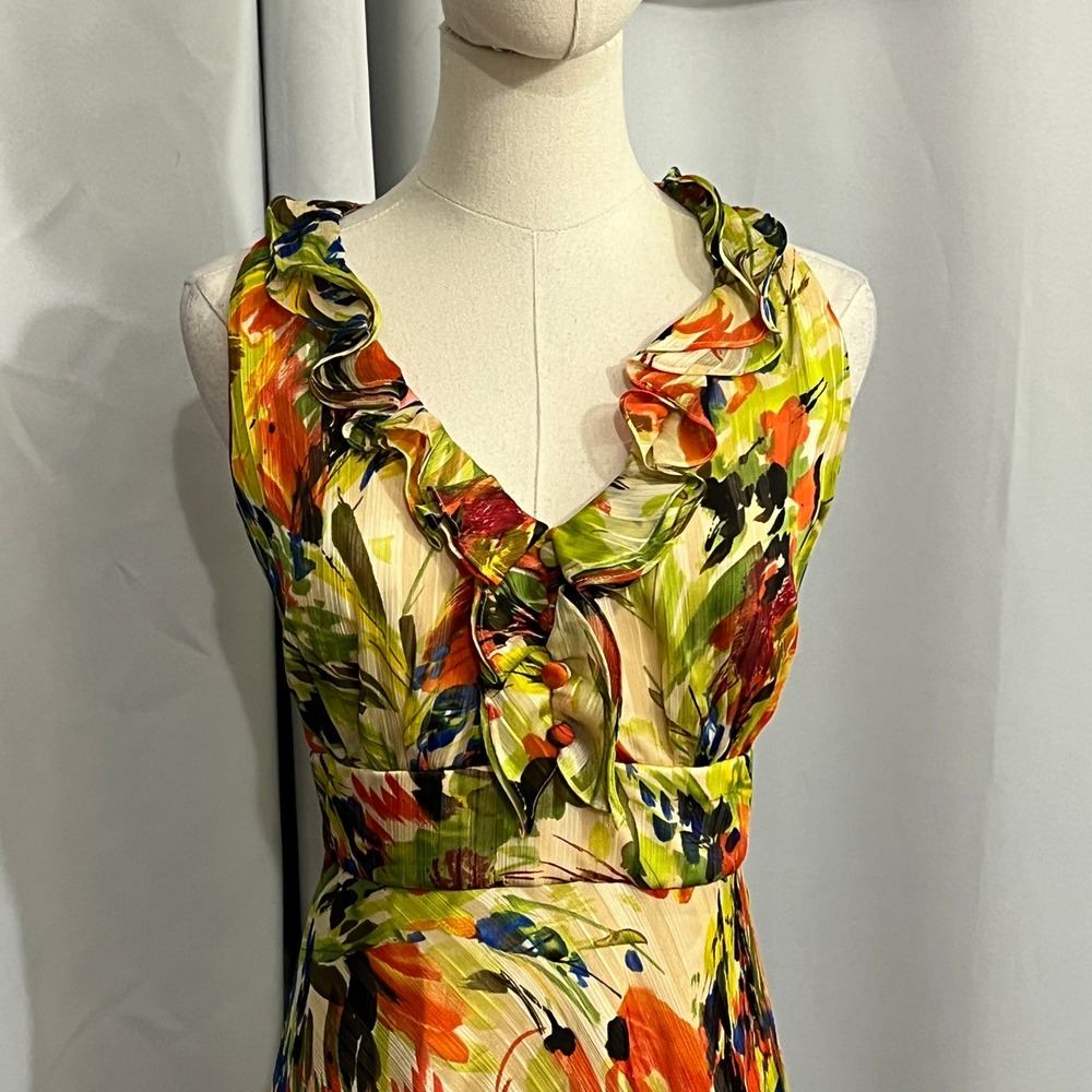Donna Ricco Floral Midi Dress Womens 10 Yellow Abstract Ruffle Garden Artsy Chic - Picture 8 of 13
